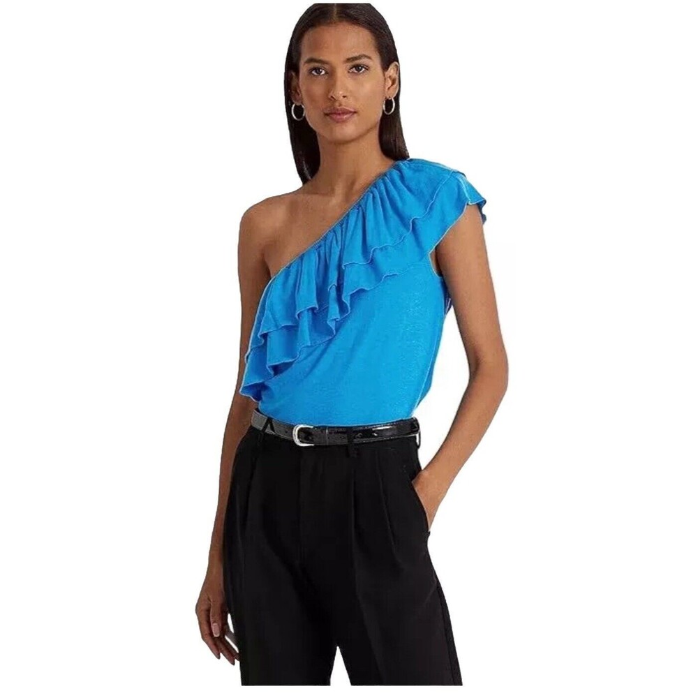 LAUREN Ralph Lauren Women's Jersey One Shoulder Top Blaze Ocean, US large